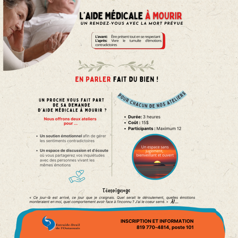 NOUVEAU – Ateliers thématiques : « L’aide médicale à mourir  un rendez-vous avec la mort prévue »